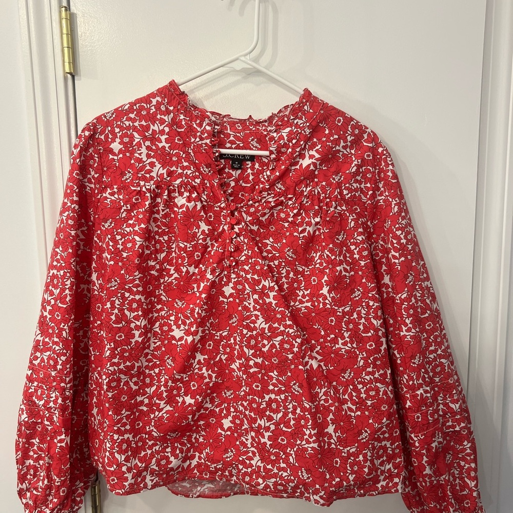 J. Crew Red and White Floral Blouse
